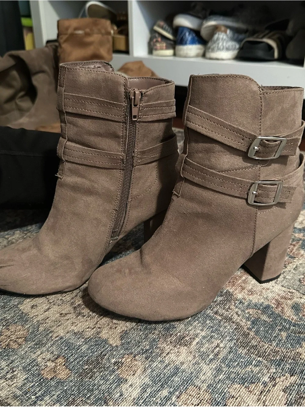 Christian Siriano for Payless Taupe Pink Mauve Suede Buckle Ankle Boots 8